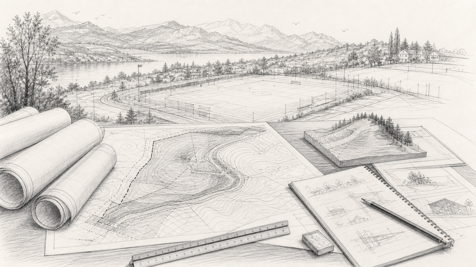 Dessin au crayon de la phase SIA 21 étude de faisabilité pour une infrastructure sportive